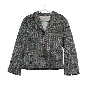 Vintage J Jill Blazer Jacket Size 8 Blue Brown Tweed Preppy Wool Blend Classic